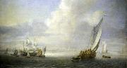 Abraham van der Hecken Seascape with a port in the background oil painting